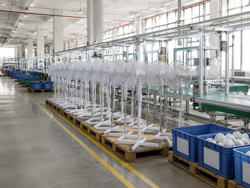 Rows of assembled stand fans beside a factory production line