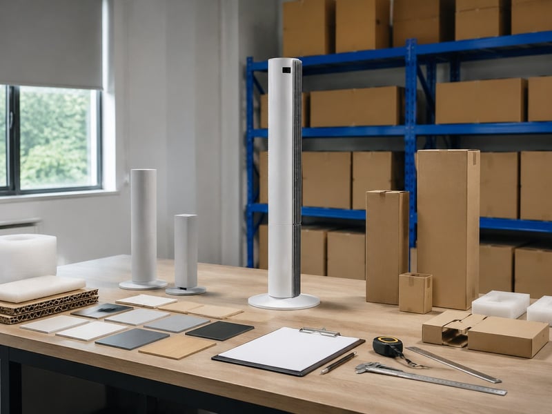 Tower fan, finish samples, packaging, and measurement tools on a planning table